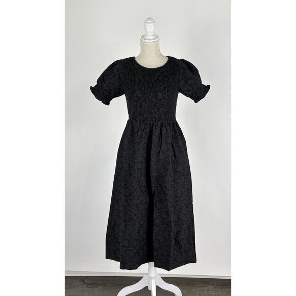 Disturbia Amun Smocked Midi Dress Floral Jacquard Womens Size 6 UK 10 Black New - Picture 6 of 14